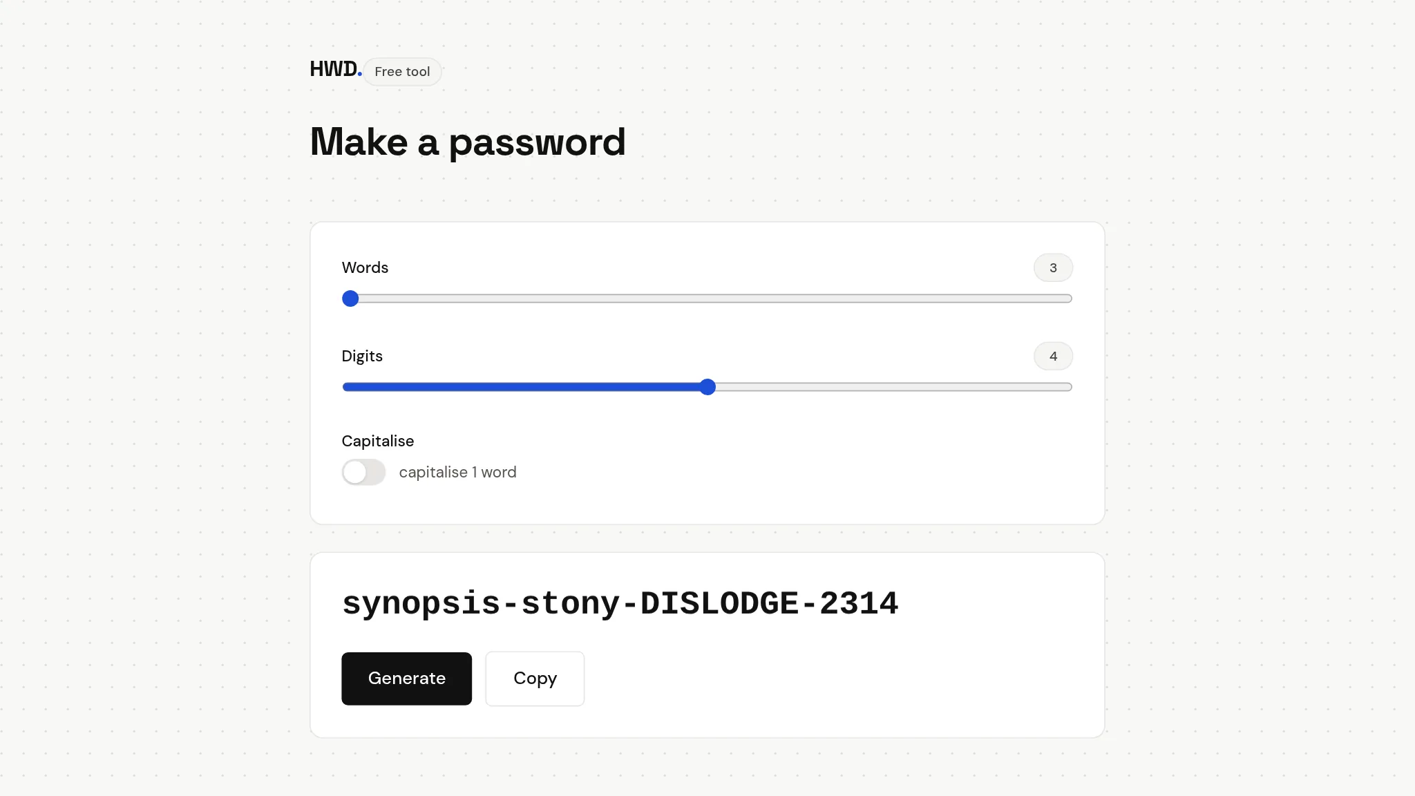 Screenshot of the Make a Password passphrase generator tool