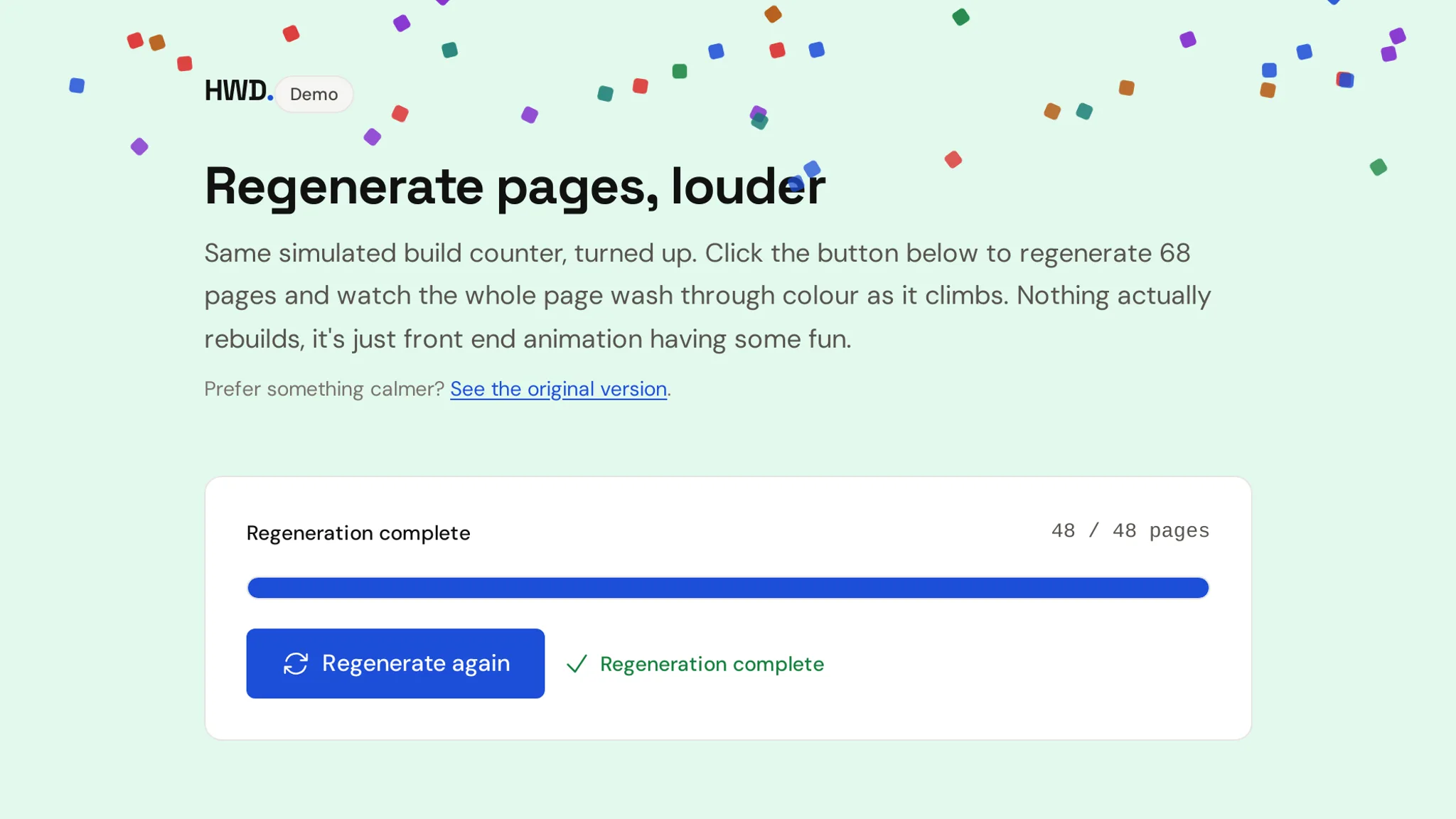 Screenshot of the Regenerate Pages progress counter demo, with confetti and a full progress bar